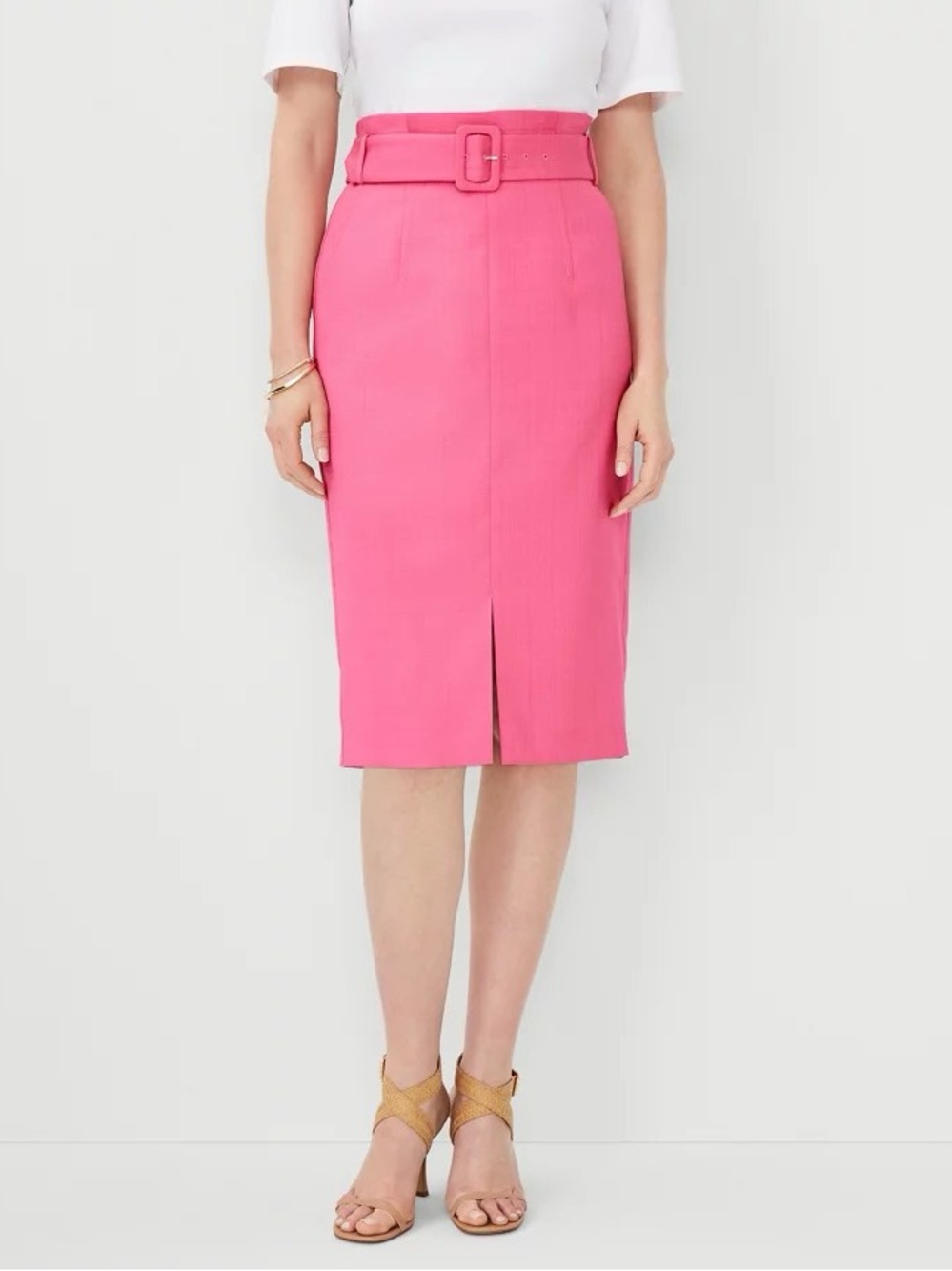 NWT Ann Taylor Paperbag High-Waist Pink Charm Front-Slit Belted Pencil Skirt, 6
